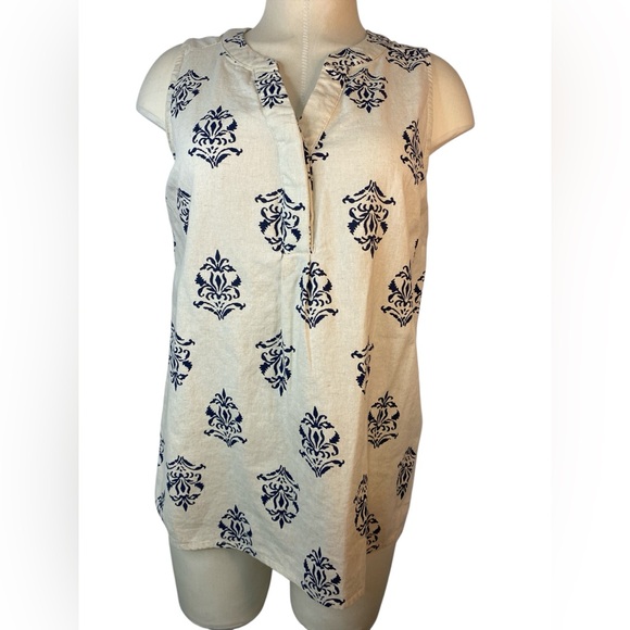 Artisan Ny Tops - Artisan NY Linen Blend Sleeveless Cream Top with Blue Pattern Women’s Large